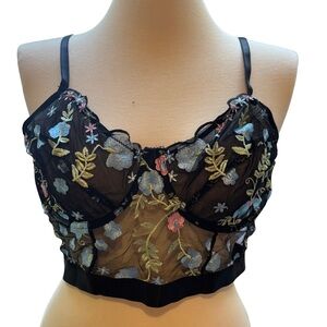 Floral Embroidered Sheer Black Pink Blue Bralette Festival Rave Plus Size 2XL